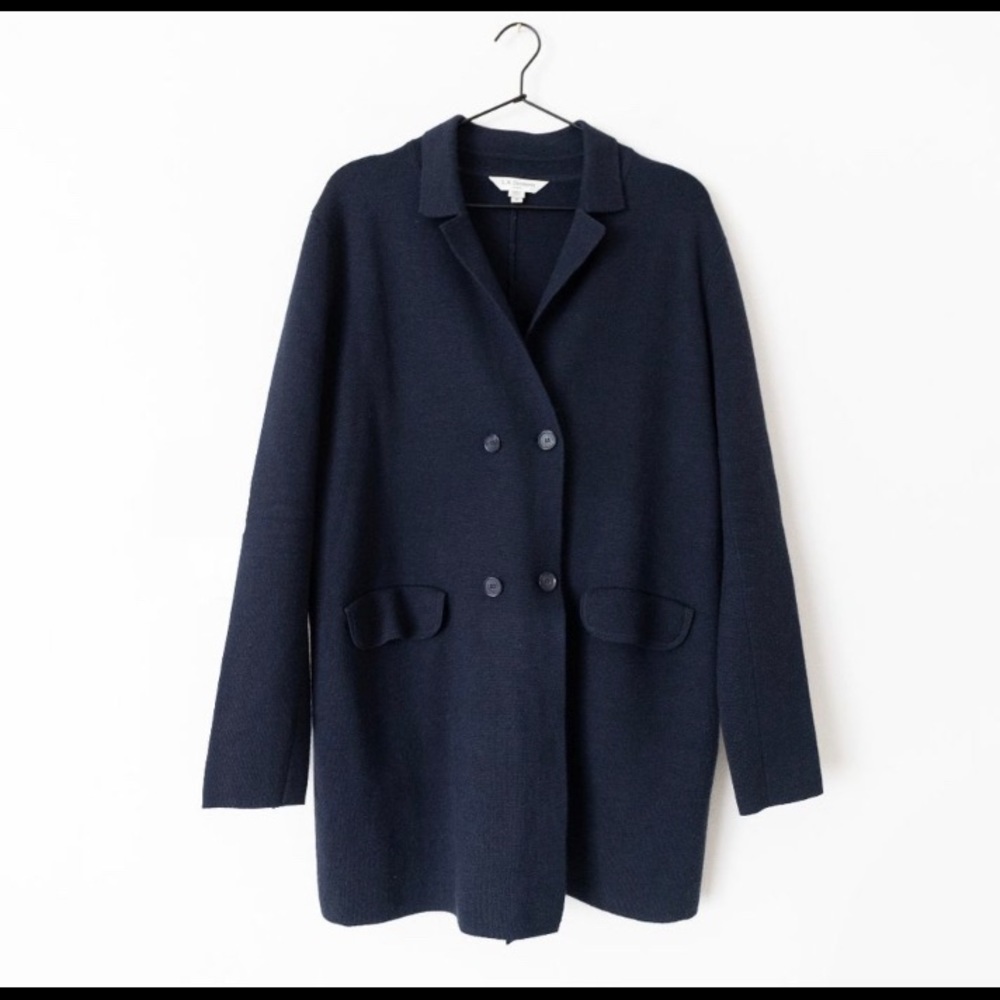 L.K. Bennett Danica Knit Long Wool Coat in Sloane Blue Size M